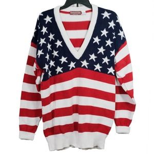 VINTAGE Beverly Hills Polo Club L Red White Blue US Flag Sweater 80s Star Stripe